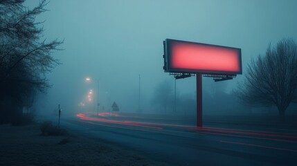 Pixelated Foggy Night Road With Glowing Billboard