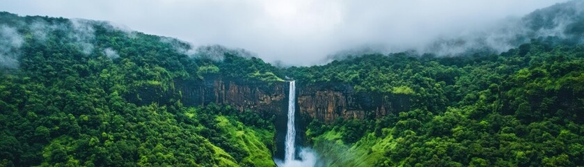 Majestic Waterfall Cascading Down Lush Green Mountains Surrounded by Mist and Dense Forest in Nature