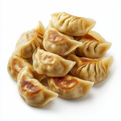 Delicious boiled dumplings with golden crispy edges, white isolate background