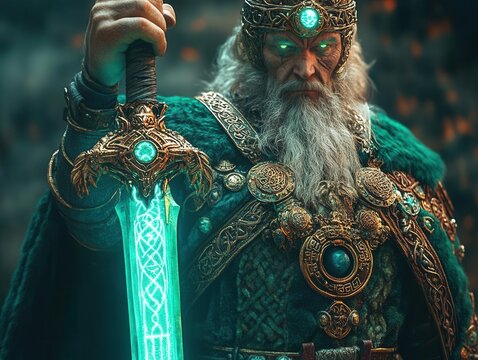 Merge myth and tech in an Irish warrior, holding an energy-infused Celtic sword