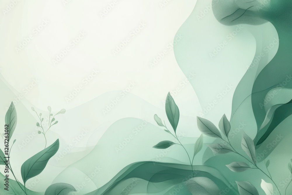 Poster Soft green abstract design featuring flowing shapes and delicate leaves in a harmonious composition. Generative AI