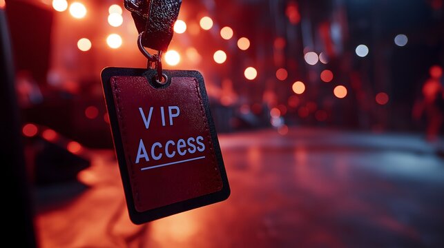 VIP Access Card with Dramatic Red Bokeh Creating Exclusive Entertainment Photography with Night Event Atmosphere and Urban Lighting