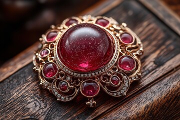 Obraz premium Elegant ruby brooch with intricate gold filigree on wooden surface