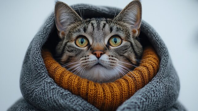 Cozy cat in warm sweater, winter day, snowy background, pet photography