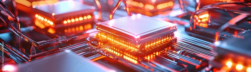 Aufkleber futuristic microchip processor with glowing orange light on a circuit board technology