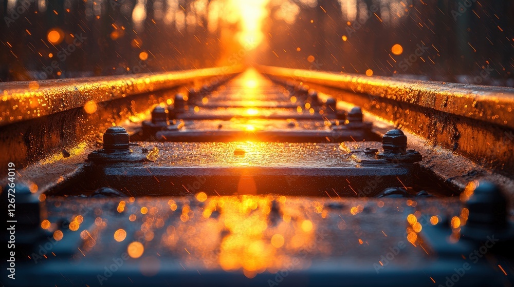 Aufkleber sunset over railway tracks with raindrops creating a sparkling effect in the background