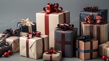 A variety of gift boxes of various sizes and wrapping paper colors.