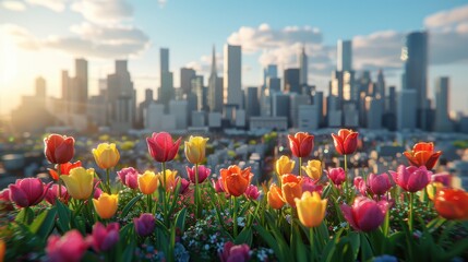 Vibrant tulip garden in the foreground with a bustling city skyline at sunset in the background