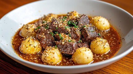 Delicious braised beef cubes with small potatoes in rich gravy served in a white bowl