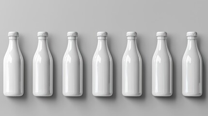Seven white bottles, studio shot, grey background, product packaging mockup