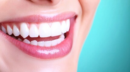 Fototapeta premium Radiant Smile Close Up Featuring Perfect White Teeth and Glossy Lips on a Turquoise Backdrop