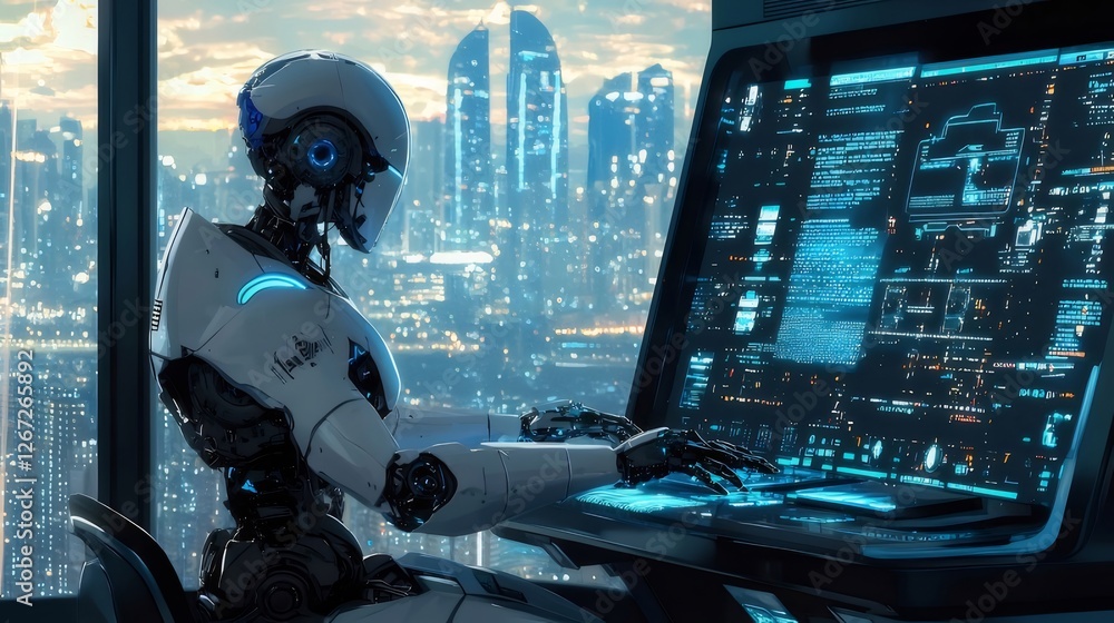 Poster robot coding, cityscape backdrop