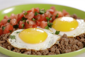 Delicious sunny side up eggs with ground meat and fresh tomato salsa on a green plate
