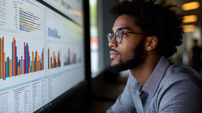 Un joven analista con gafas observa atentamente gr&aacute;ficos y datos en una pantalla grande. Su expresi&oacute;n refleja concentraci&oacute;n en un entorno de trabajo moderno