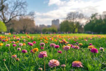 Vibrant wildflower meadow in spring with mountains in the background under a clear blue sky