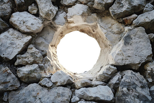 Round hole in a stone wall with sharp, jagged edges, creating a natural frame against a transparent background - Powered by Adobe