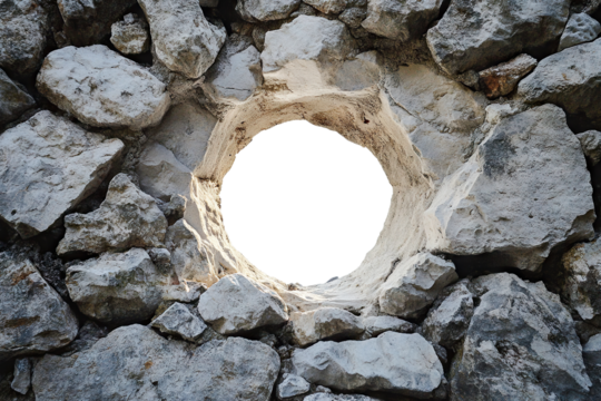 Round hole in a stone wall with sharp, jagged edges, creating a natural frame against a transparent background