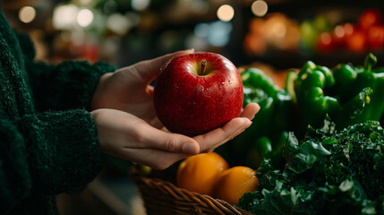 A person wearing a dark green sweater holds a fresh red apple with water droplets, surrounded by green bell peppers, leafy greens, and oranges in a woven basket at a market.