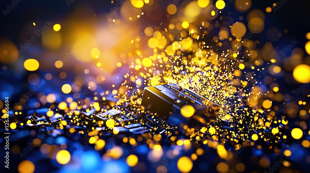 Poster abstract rendering of geometric shapes with vibrant bokeh lights on a dark blue backdrop