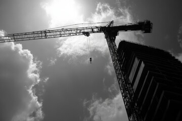 Construction action tall tower cranes against a cloudy sky in urban environment captured from below for dramatic perspective
