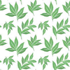 Fototapeta premium Seamless pattern with drawn green plants. Green leaves. Flora and nature. Design for background, label, decoration and design. Vector illustration