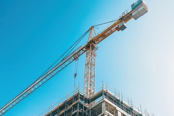 Naklejka premium Industrial crane lifting heavy construction materials at urban building site clear blue sky aerial view engineering concept modern architecture