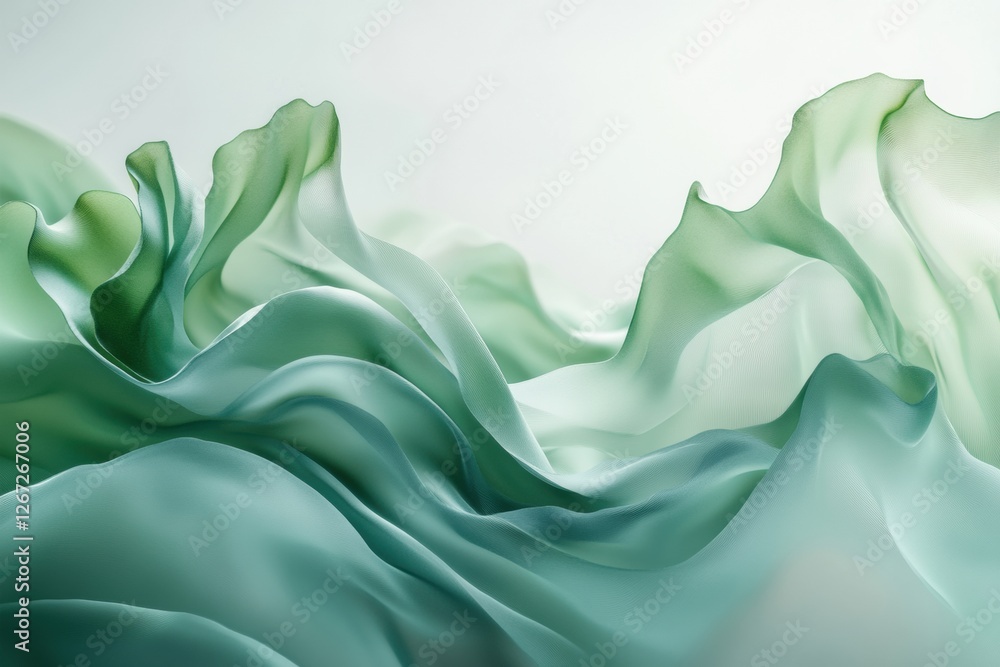 Poster Flowing fabric in shades of green creates a serene and calming atmosphere in a minimalist setting. Generative AI