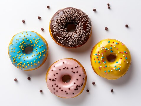 Tempting assortment of freshly baked donuts with colorful toppings and variety of delicious flavors