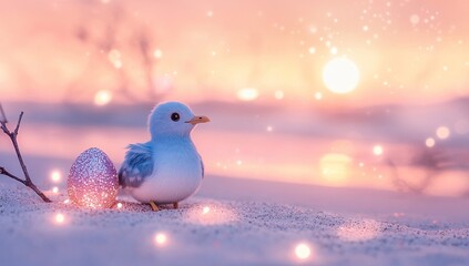 Fluffy Bird Finds Glittery Egg on Sandy Beach at Sunset: A Serene Digital Art Piece