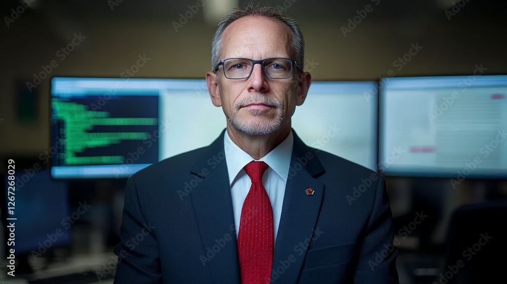 Poster businessman in suit and tie analyzing data on multiple computer monitors in modern office