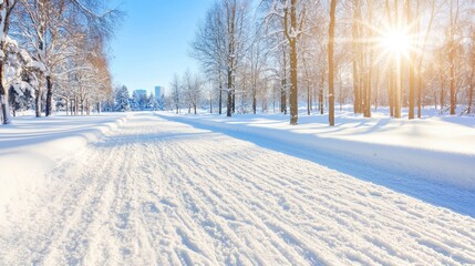 Obraz premium Sunny winter park path, snow-covered trees, city skyline
