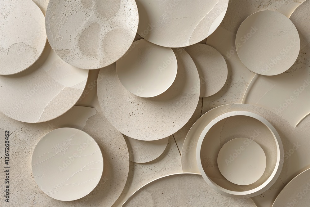 Poster ivory abstract landscape featuring overlapping circular discs in sophisticated texture design