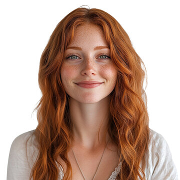 Smiling young woman with curly red hair, isolated on transparent cutout background