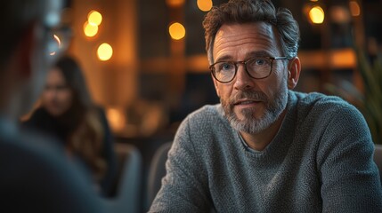 Obraz premium Man listens intently in cafe, colleagues blurred background, business meeting, conversation