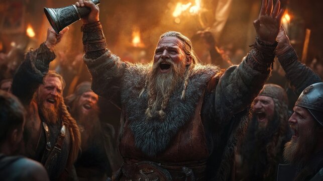 A Viking skald (bard) standing on a bench in a bustling mead hall, holding a drinking horn in one hand and gesturing dramatically while reciting an epic saga