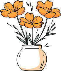 Orange Flowers in Vase, Illustration, Simple Art, Decor Inspiration