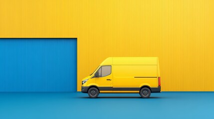 Bright yellow delivery van parked against vibrant blue wall in an urban setting