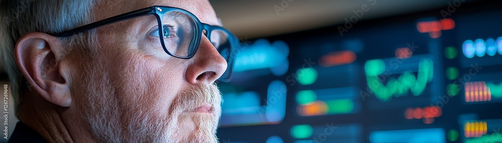 Aufkleber man with glasses engrossed in computer screen focused work and information absorption