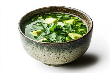 Fresh Green Avocado Soup in Rustic Bowl Healthy Vegetarian Meal with Cilantro and Parsley