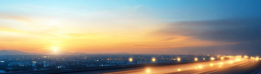 Fototapeta premium Scenic highway leading to vibrant city skyline under clear blue sky urban