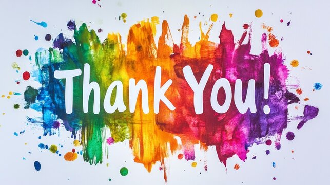 Crafted with a playful blend of colors, the words 'Thank You' stand out in white against a backdrop of artistic splashes. The energetic design radiates joy and heartfelt appreciation