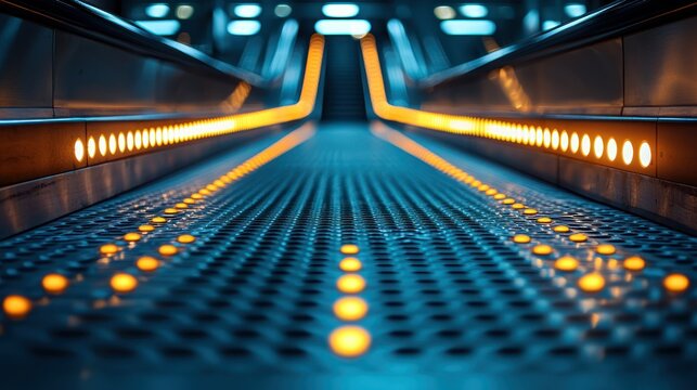 Empty escalator illuminated at night in a modern urban setting