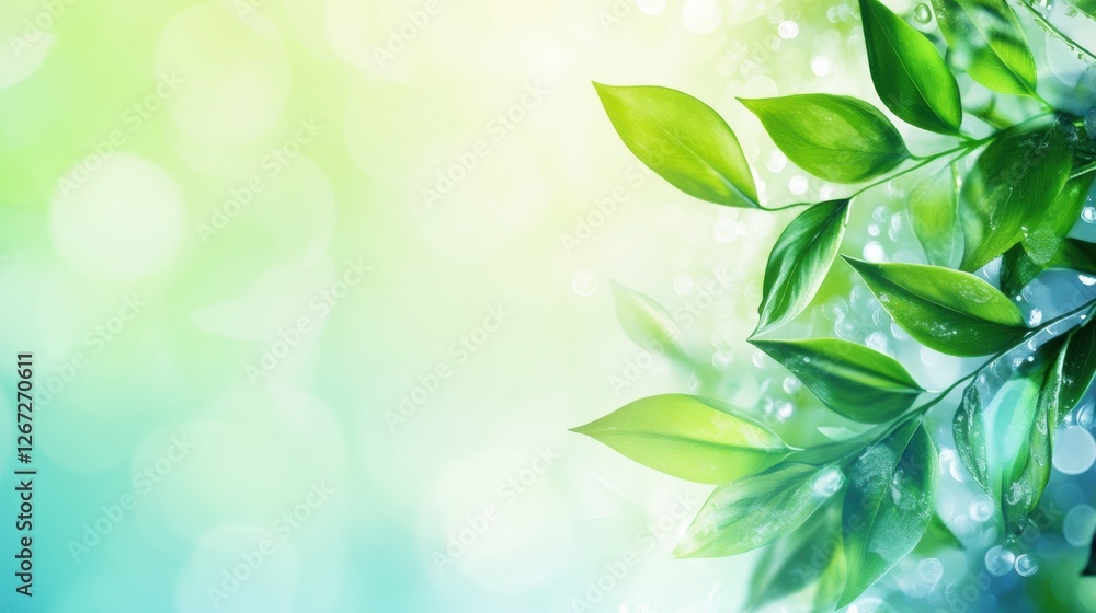 Poster nature leaves with droplets on a soft gradient background creating a serene atmosphere for relaxatio