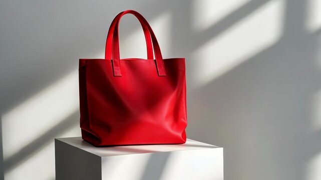 A red reusable cotton shopping bag with red handles sits on a white plinth in a white studio space.