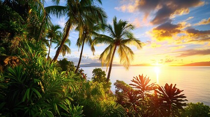 Fototapeta premium Tropical Paradise at Sunset Palm Trees Silhouetted Against a Vibrant Sky Over Calm Ocean