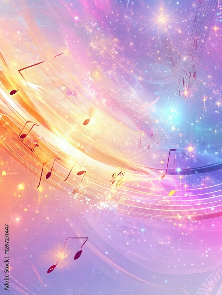 Poster colorful musical notes float in a dreamy, abstract background of pastel hues and sparkling lights. g