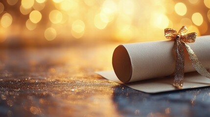 Elegant scroll wrapped with orange ribbon on reflective surface with golden bokeh background