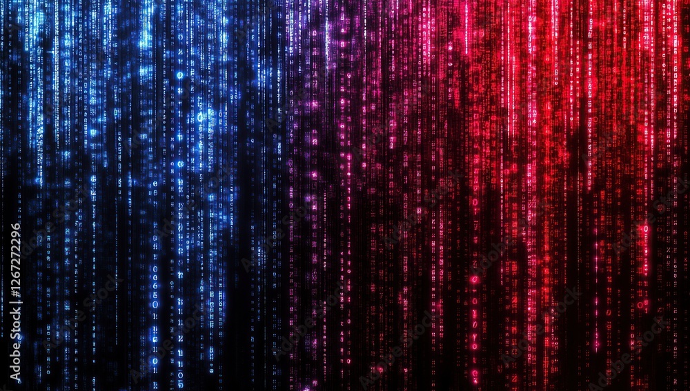 Poster digital rain: abstract blue and red matrix code streams flowing downward, creating a stunning visual