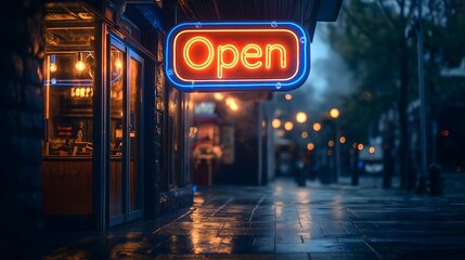 Rainy Night Urban Street Scene with Glowing Open Neon Sign Creating Atmospheric City Photography with Reflective Wet Pavement and Bokeh Lights
