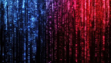 Digital Rain: Abstract Blue and Red Matrix Code Streams Flowing Downward, Creating a Stunning Visual Experience.